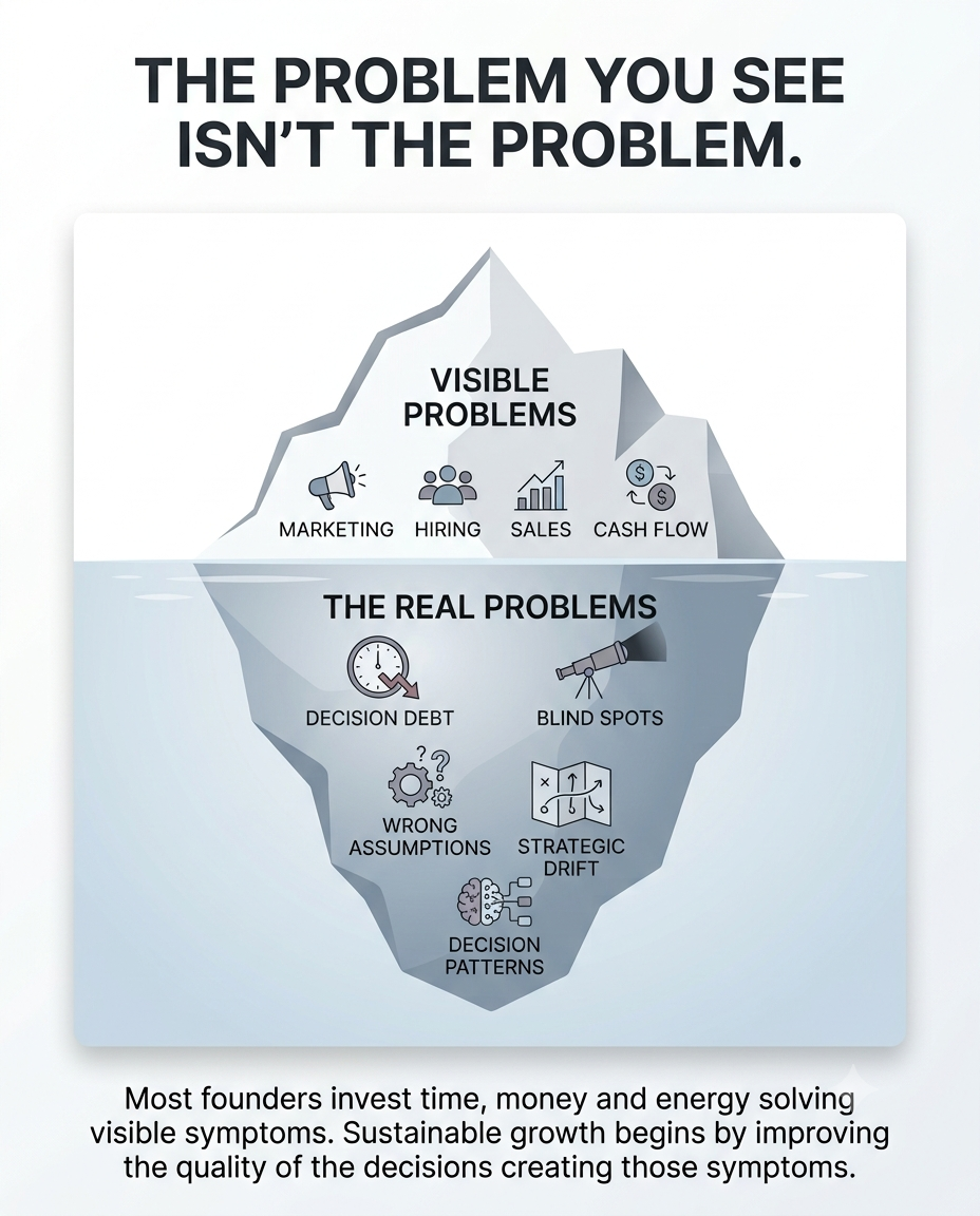 The problem you see isn&rsquo;t the problem &mdash; marketing, hiring, sales and cash flow sit above the waterline; decision debt, blind spots, wrong assumptions, strategic drift and decision patterns sit below it